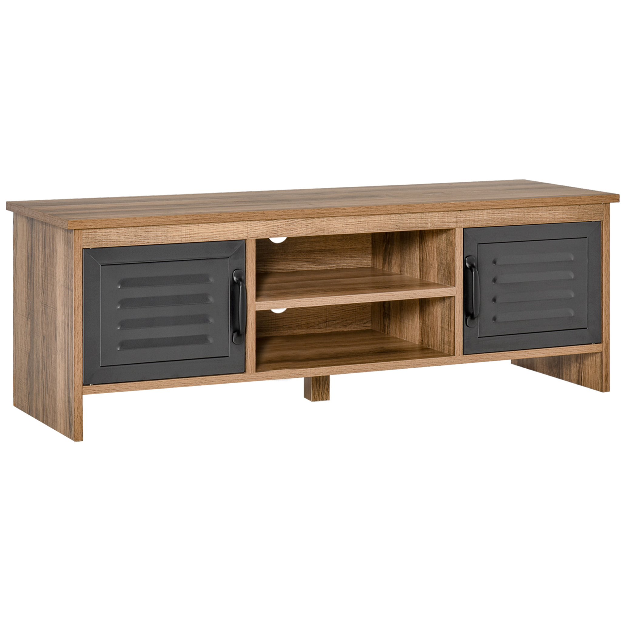 Mueble de TV para Televisores de 42" con 2 Compartimentos Cerrados con Puertas de Metal y 2 Estantes Abiertos Mueble de salón moderno Mesa para televisor 109x35x38 cm Madera Natural y Gris