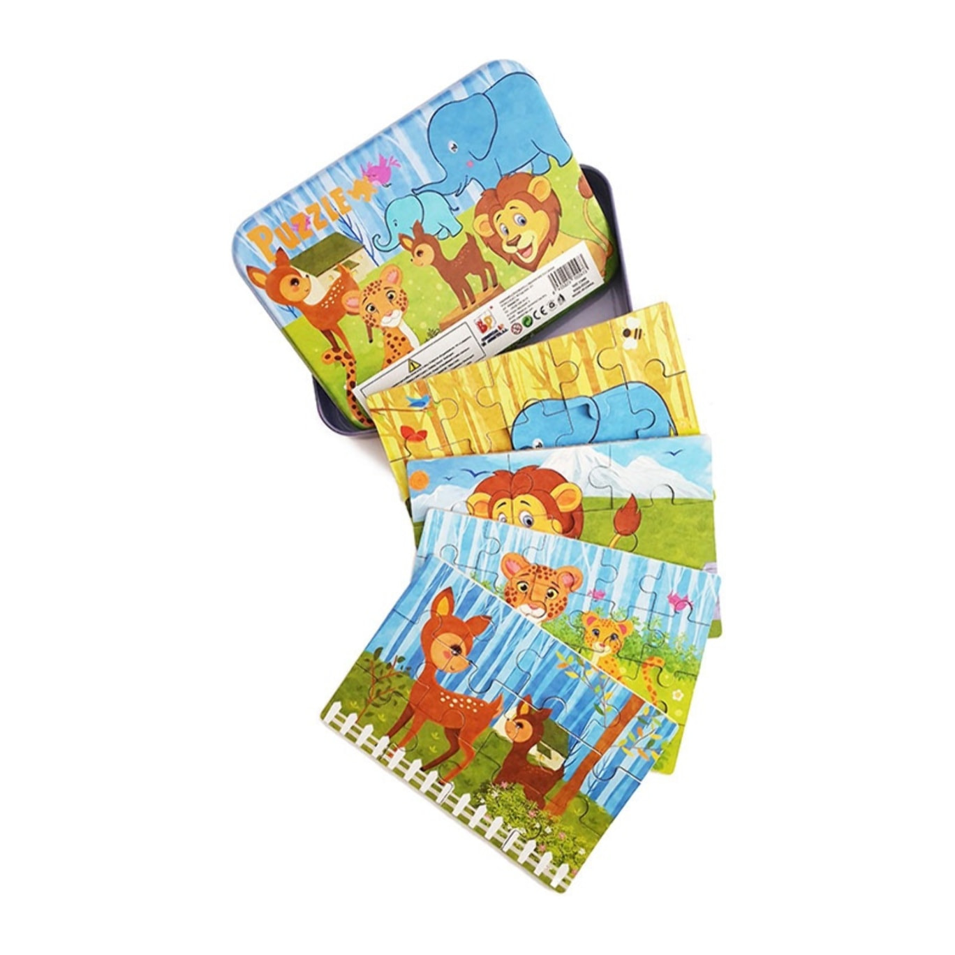 PUZLES MÚLTIPLES 4 EN 1: ANIMALES DE LA SABANA 9 a 20pcs/puzle (CAJA METÁLICA)