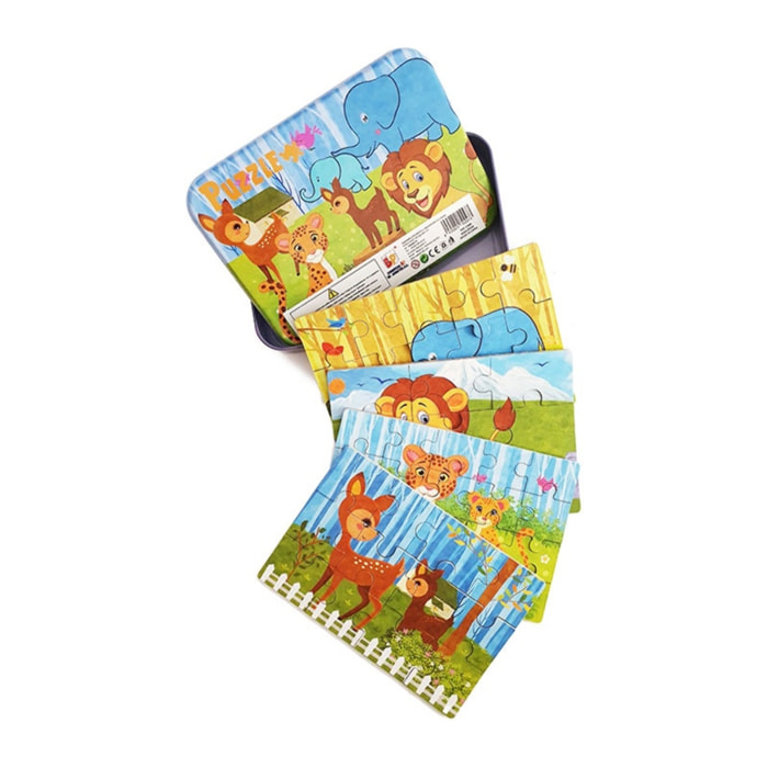 PUZLES MÚLTIPLES 4 EN 1: ANIMALES DE LA SABANA 9 a 20pcs/puzle (CAJA METÁLICA)