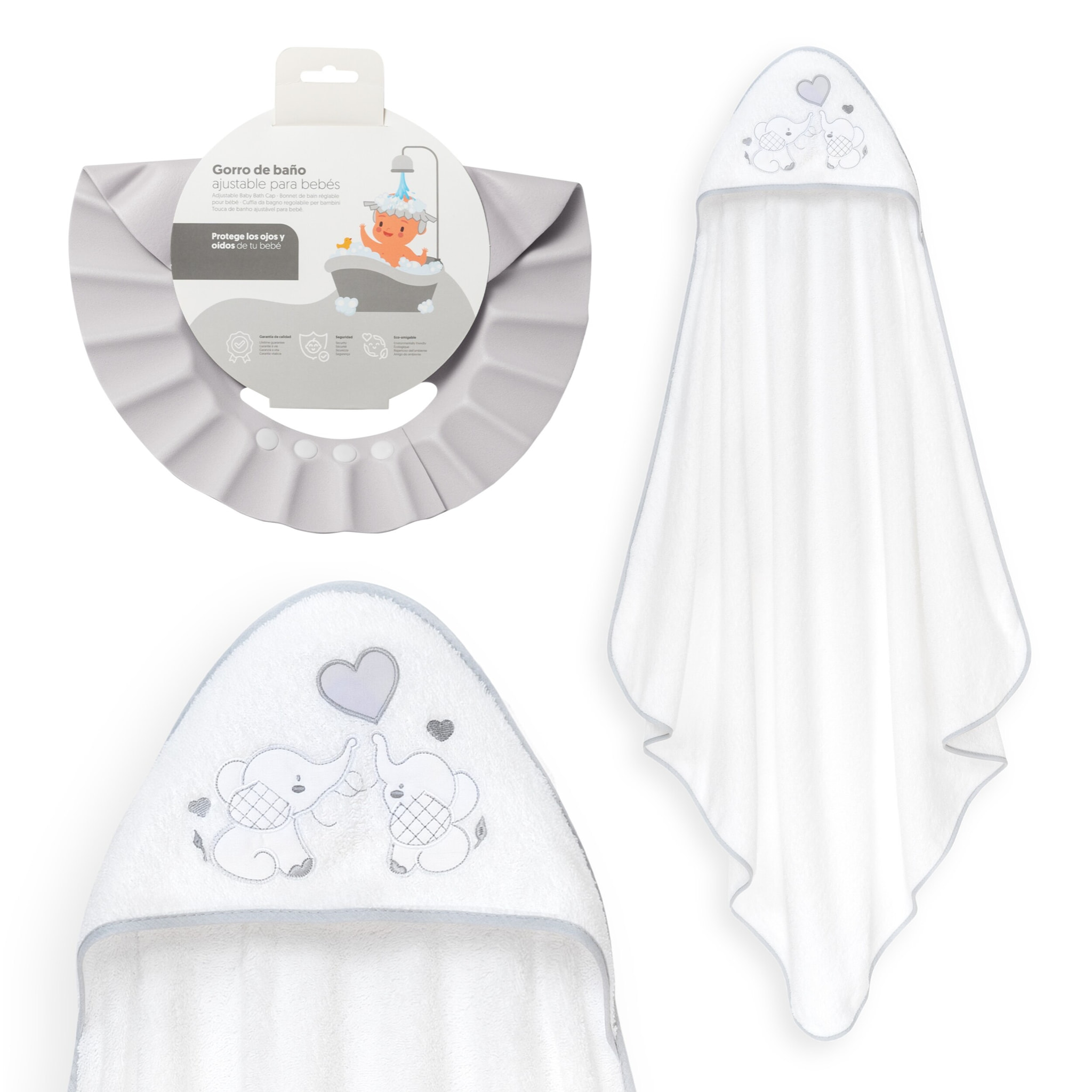 Capa Baño 1X1 Mod Parejita Elefante+Gorro Bco/Gris