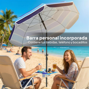 Sombrilla de Playa con Mesa Plegable y Portavasos Ø198 cm, Sombrilla de Terraza Exterior con Altura Ajustable, Inclinación, Bolsa de Transporte y Gancho, UV30+, Multicolor