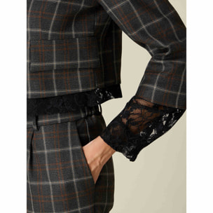 Oltre - Blazer cropped a quadri con dettagli pizzo - Grigio