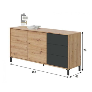 Credenza Concord, Madia moderna a 2 ante e 3 cassetti, Buffet da soggiorno, Mobile porta TV, Madia per salotto, cm 154x41h74, Rovere nodi e Antracite