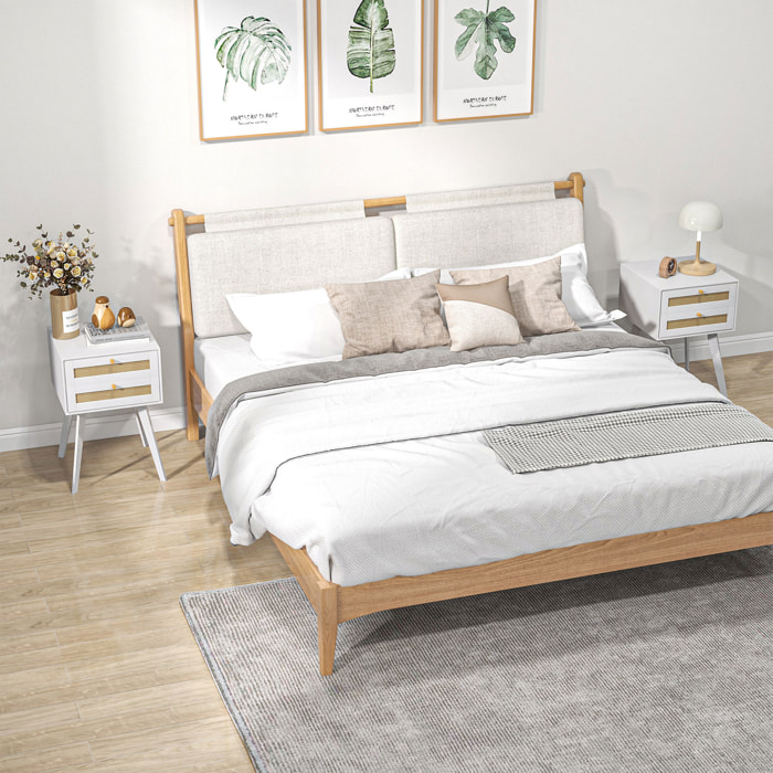 Conjunto de 2 Mesitas de Noche Mesillas de Noche Estilo Cannage con 2 Cajones y Elemento de Ratán Mesitas Auxiliares Pequeñas para Dormitorio Salón 40x40x60 cm Blanco