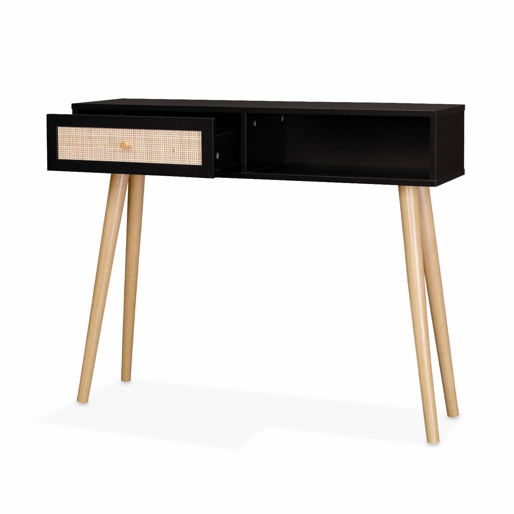 Console en cannage 100x29x81cm  -  Bohème -  Noir. 1 tiroir.1 espace de rangement. pieds scandinaves décor bois. 1 poignée