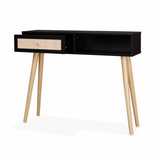 Console en cannage 100x29x81cm  -  Bohème -  Noir. 1 tiroir.1 espace de rangement. pieds scandinaves décor bois. 1 poignée
