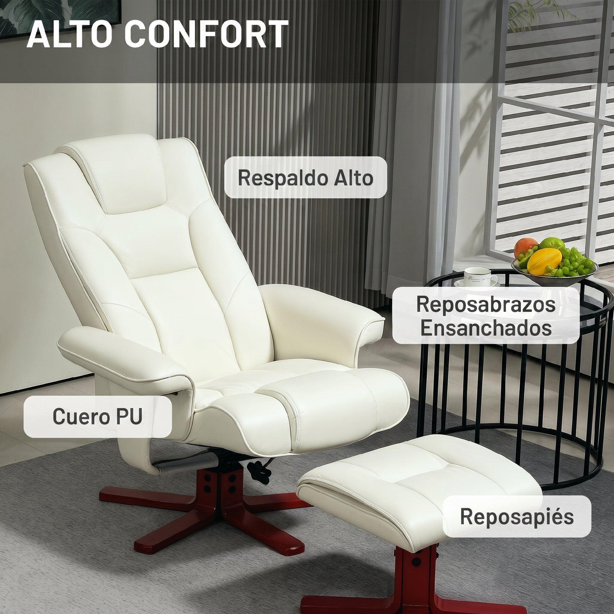 Sillón Reclinable con Reposapiés Sillón de Salón con Tapizado en Tejido Tecnológico y Estructura de Madera Carga 150 kg Butaca para Dormitorio Sala de Estar Crema