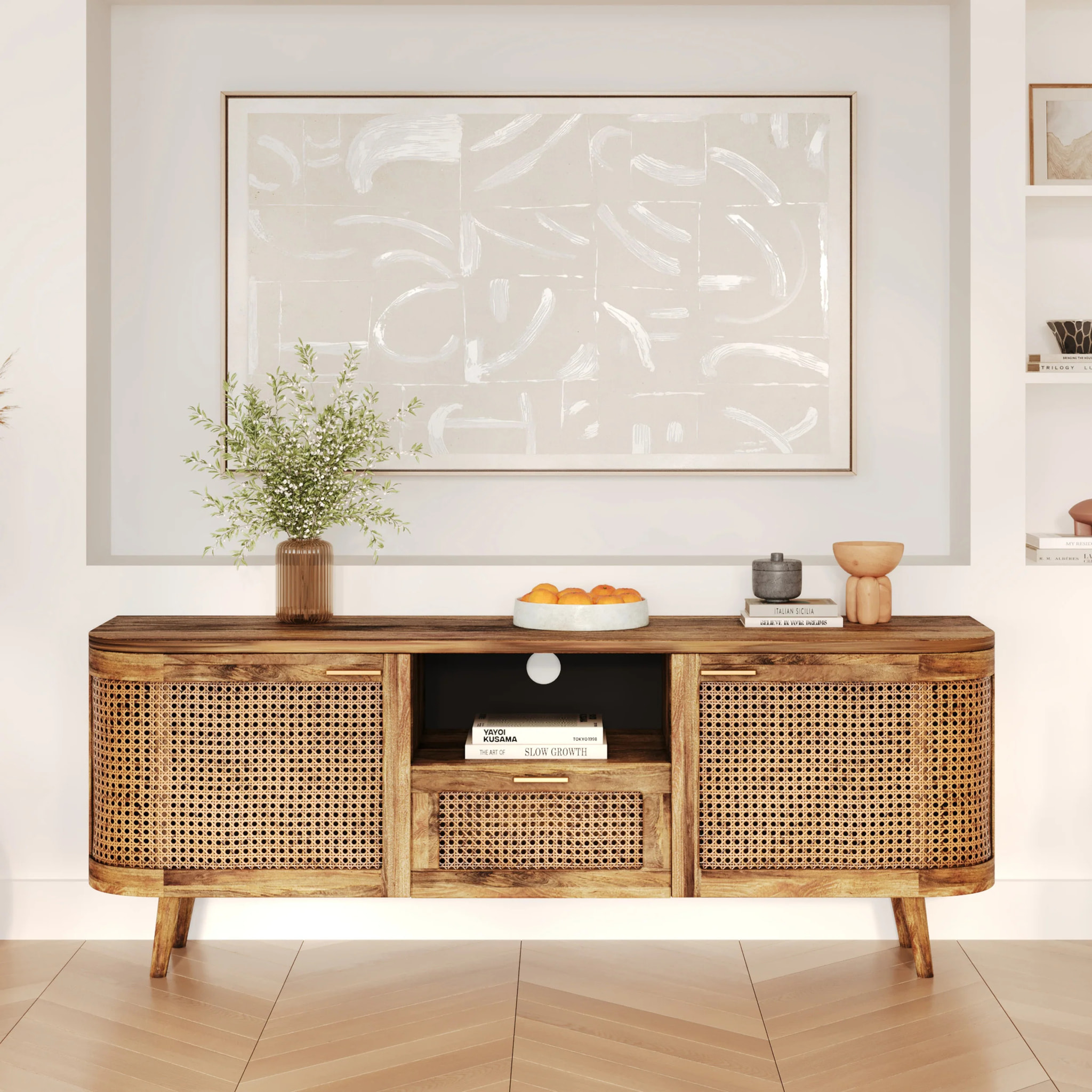 Meuble TV en bois de manguier et cannage 145 cm - Wava