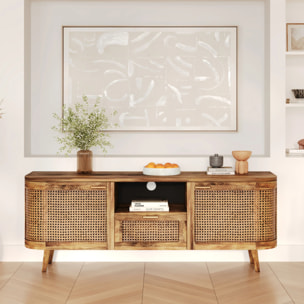 Meuble TV en bois de manguier et cannage 145 cm - Wava