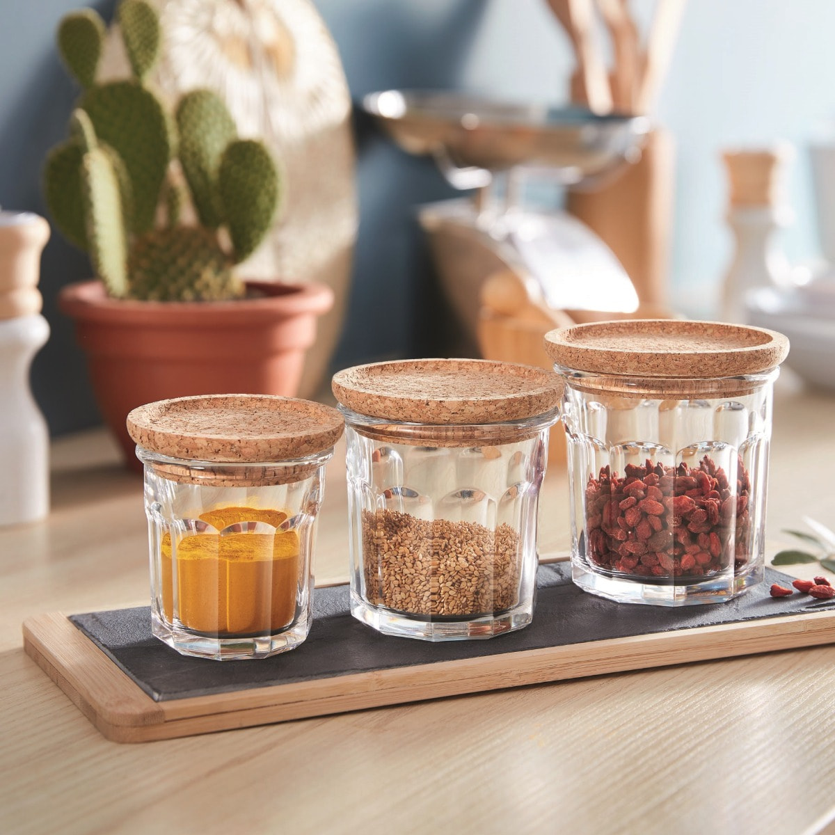 Lot de 3 pots à épices Storing box Cork - Luminarc - En verre avec bouchon liège - 42cl + 31cl + 18cl