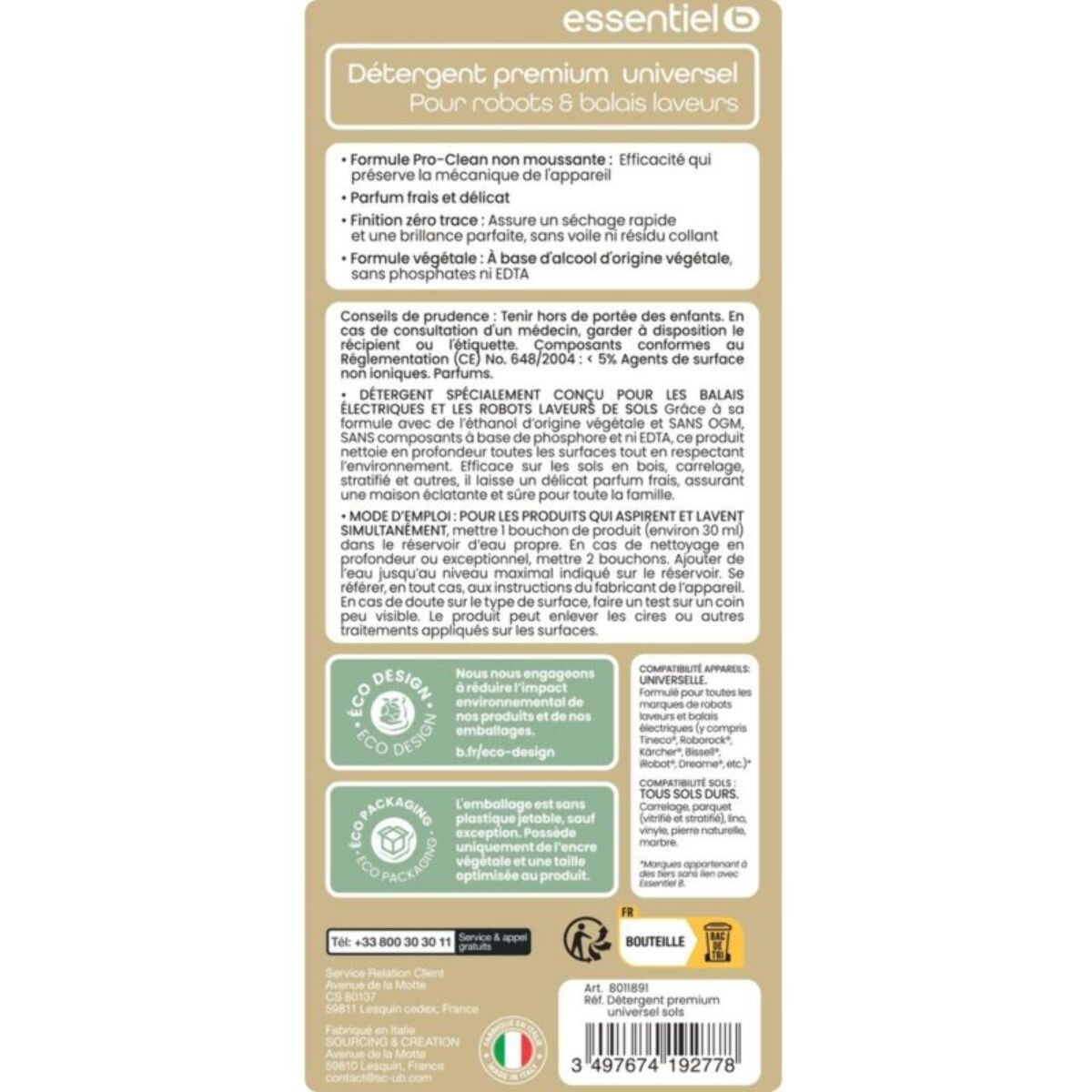Détergent ESSENTIELB Liquide Nettoyant Sol Universel 1L pour Aspirateur Robot Laveur et Balai Laveur, Anti-Traces