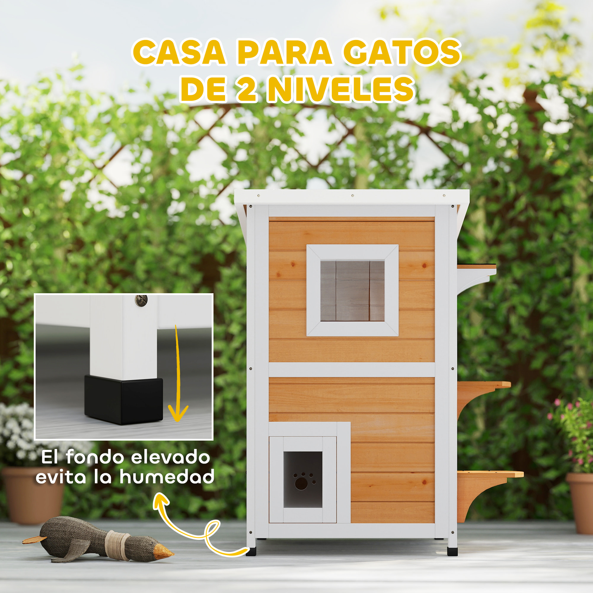 Caseta para Gatos de Madera Exterior, Casa para Gatos de 2 Niveles con Techo Abatible, Panel Central Extraíble, Ventanas, Puertas, para Terraza, Balcón, Jardín, 51x51x81,3 cm, Natural y Blanco