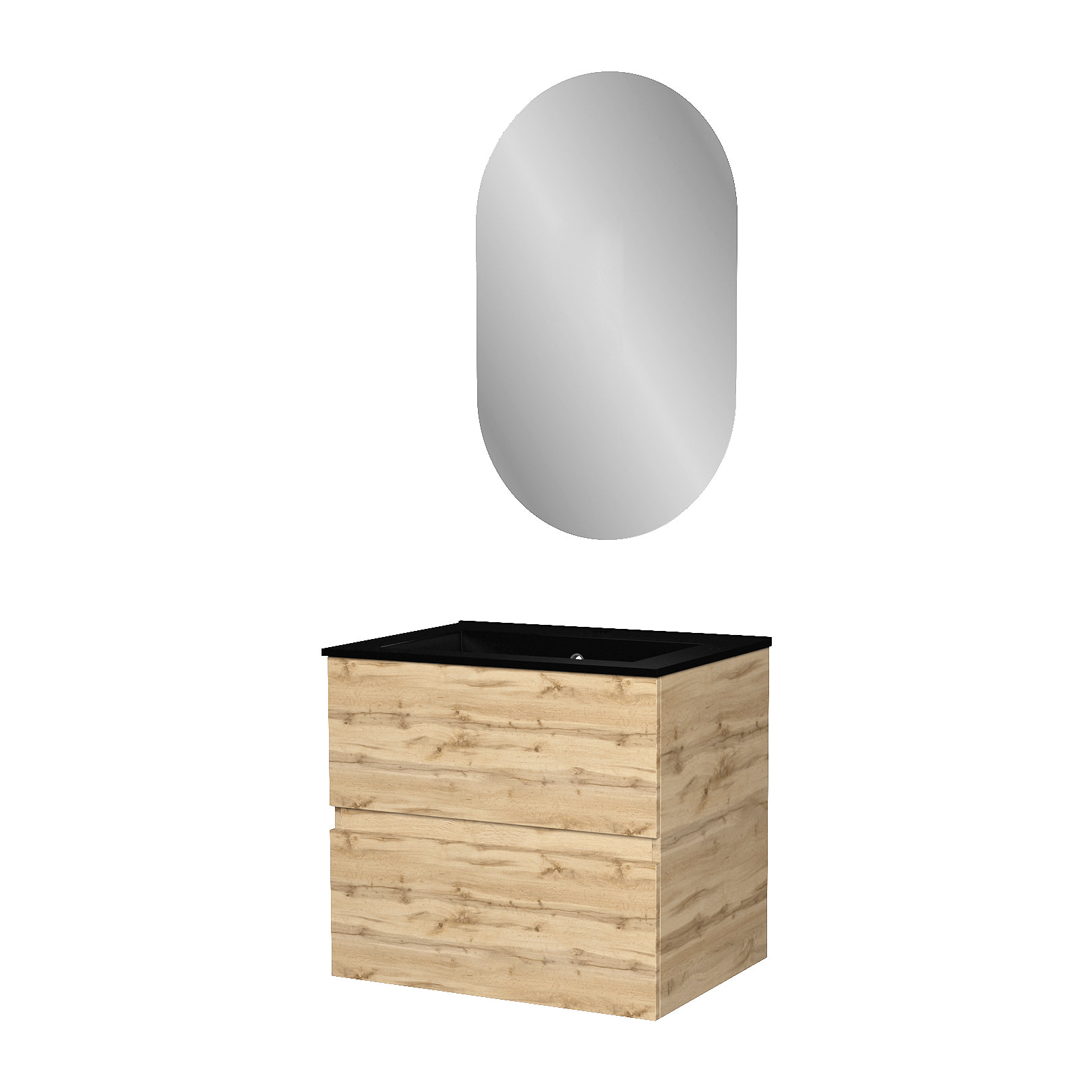 Meuble Salle de Bains 60cm 2 Tiroirs Chêne Naturel + Vasque Noire et Miroir Ovale