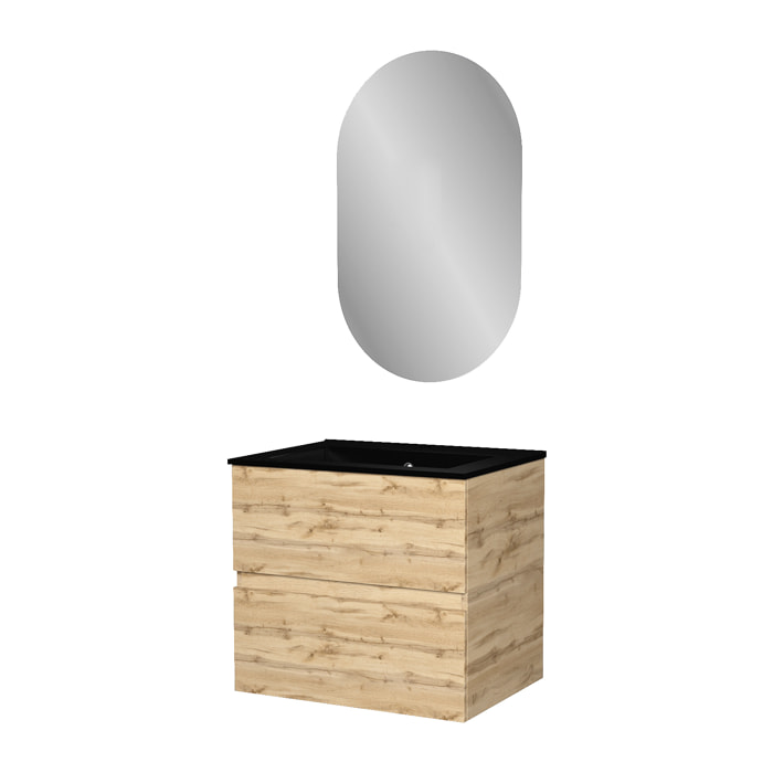 Meuble Salle de Bains 60cm 2 Tiroirs Chêne Naturel + Vasque Noire et Miroir Ovale