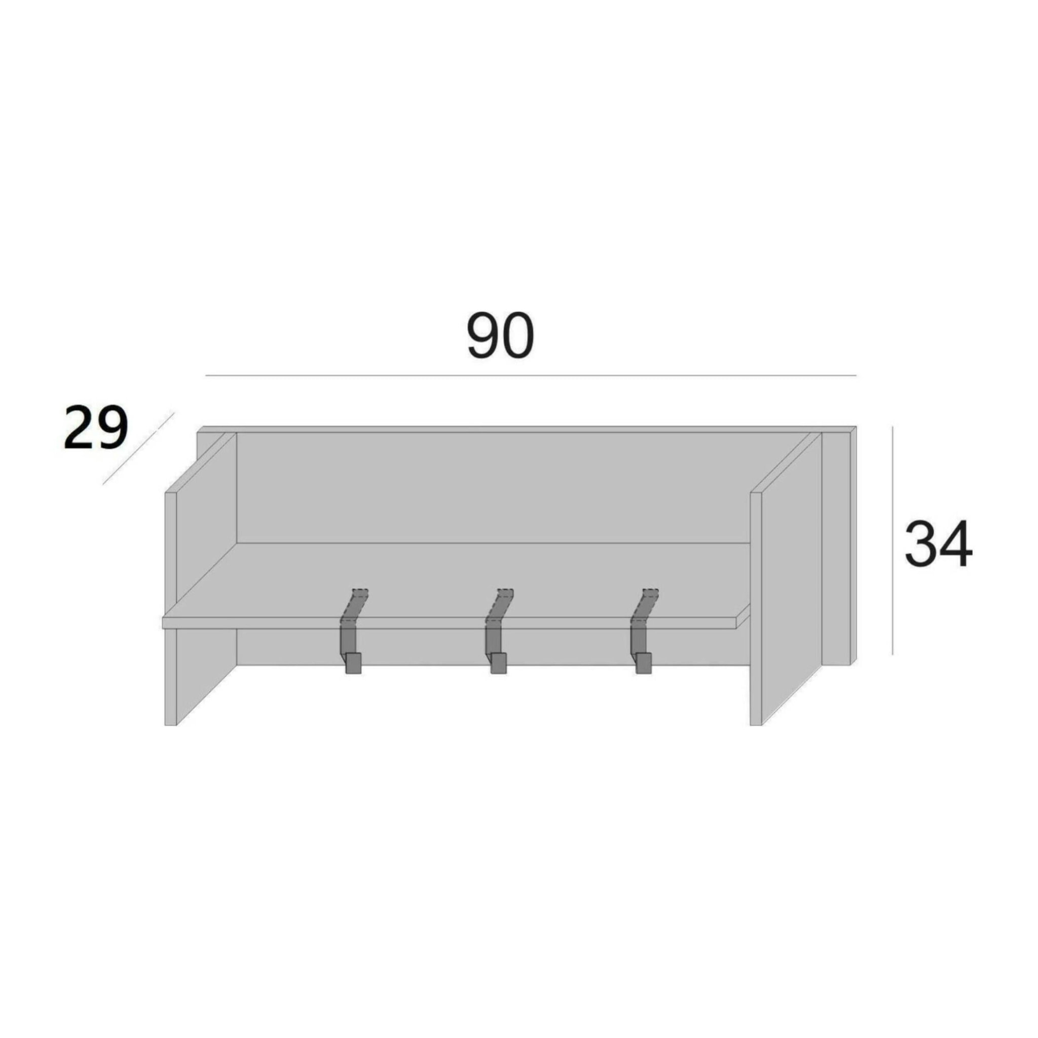 Mobile da ingresso Narciso, Mobile appendiabiti con 3 ganci, Mensola portaoggetti da ingresso, 100% Made in Italy, Cm 90x29h34, Bianco e Rovere