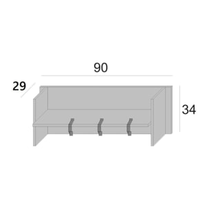 Mobile da ingresso Narciso, Mobile appendiabiti con 3 ganci, Mensola portaoggetti da ingresso, 100% Made in Italy, Cm 90x29h34, Bianco e Rovere