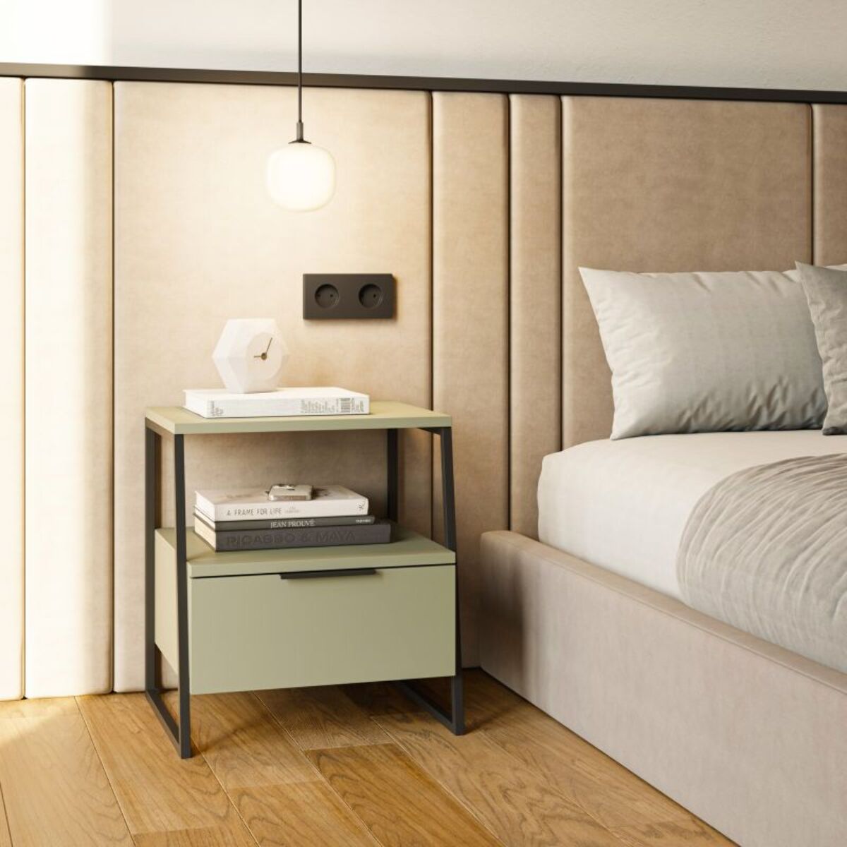 Mesita de noche Oksa Verde - Negro