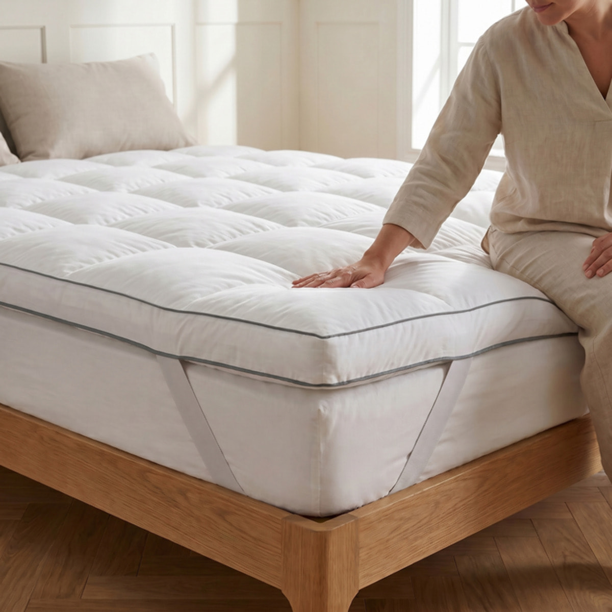 Topper materasso 160x200 + 5 cm, in piumino e piuma d’oca, effetto nuvola ultra soffice, traspirante e termoregolante, con angoli elasticizzati, rivestimento downproof OEKO-TEX, ideale per migliorare comfort e qualità del riposo