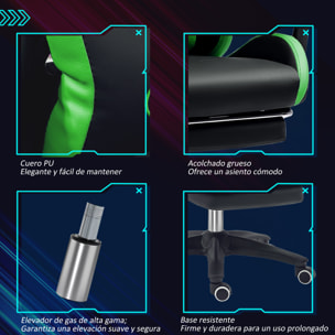 Silla Gaming Ergonómica Reclinable 135°, Silla Gamer Racing de Cuero PU con Soporte Lumbar, Altura Ajustable, Reposacabezas y Reposapiés Retráctil, para Oficina, Estudio, Negro y Verde