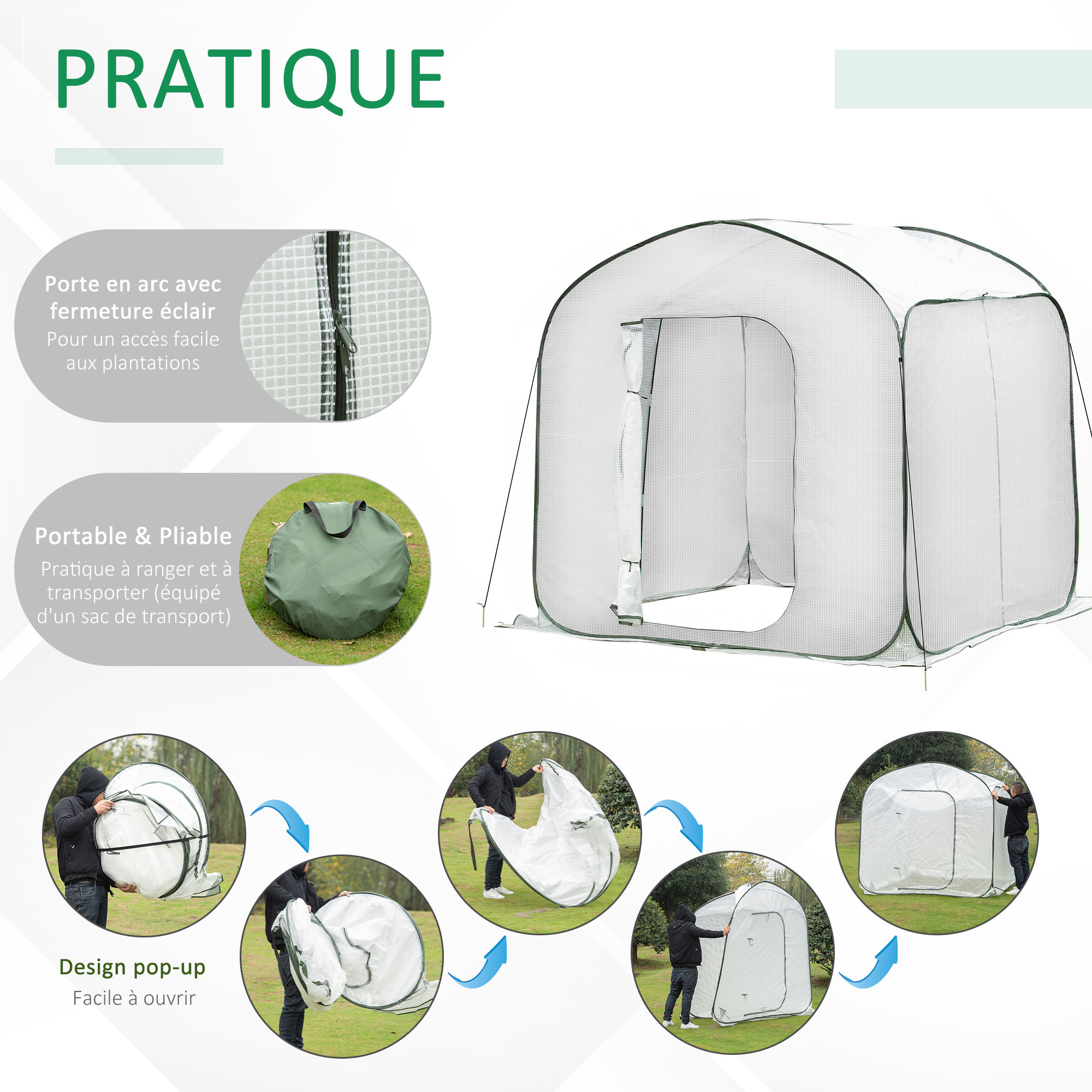 Serre de jardin pop-up porte zippée enroulable sac transport PE blanc vert