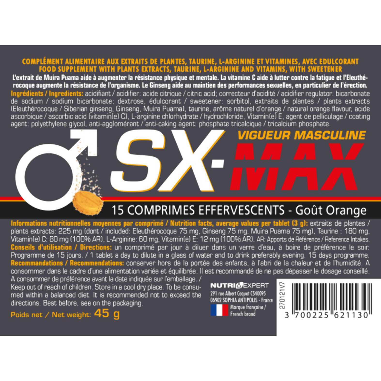 NUTRI EXPERT - SX-MAX - Complément Alimentaire à Base de Bois Bandé, Ginseng, Éleuthérocoque et Vitamines - Pour une Meilleure Fonction Sexuelle Masculine - Arôme Orange - Lot de 3 produits