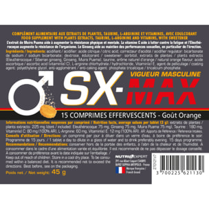 NUTRI EXPERT - SX-MAX - Complément Alimentaire à Base de Bois Bandé, Ginseng, Éleuthérocoque et Vitamines - Pour une Meilleure Fonction Sexuelle Masculine - Arôme Orange - Lot de 3 produits