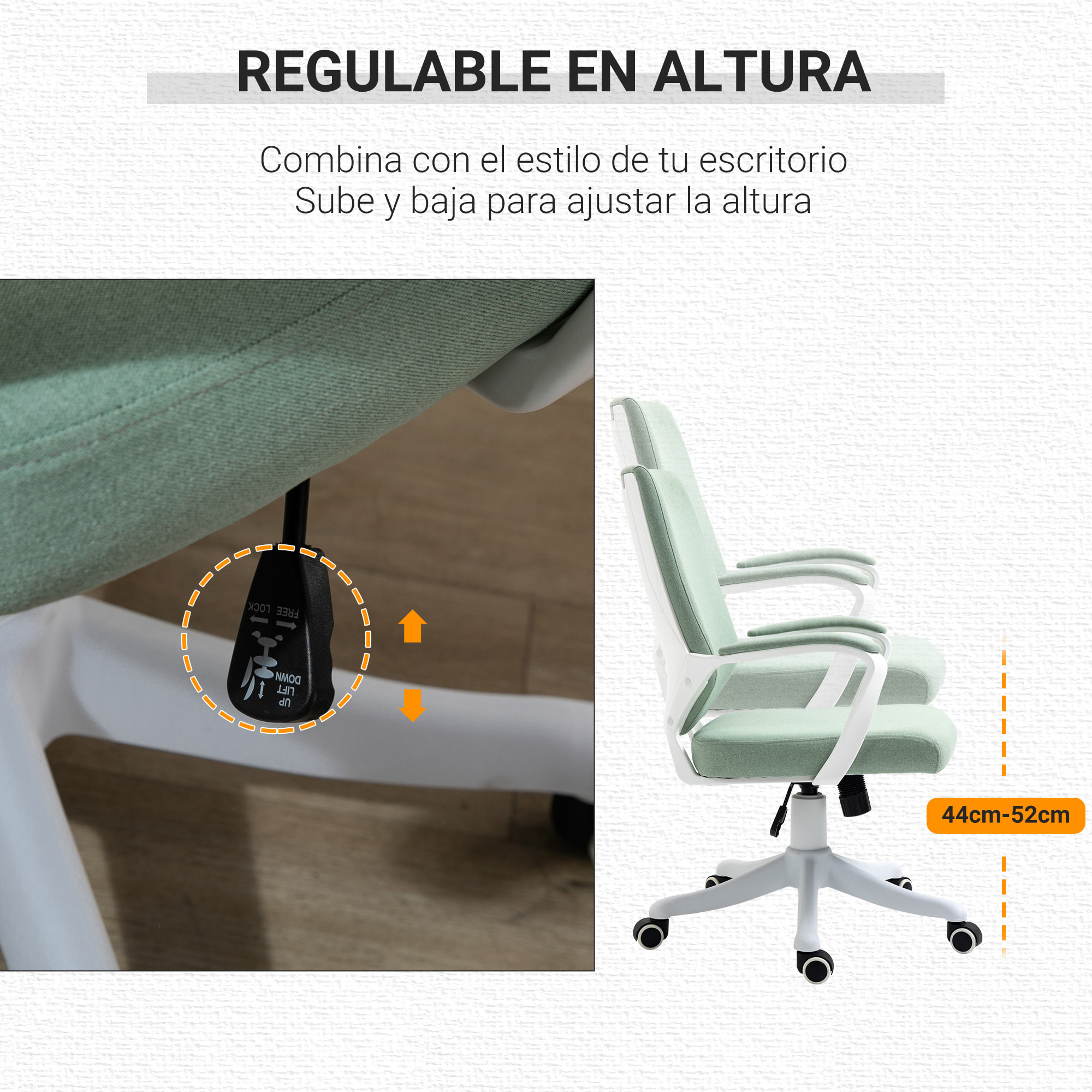 Silla de Oficina Giratoria Silla de Escritorio Basculante con Reposabrazos y Altura Ajustable para Dormitorio Salón Carga 120 kg 62x69x92-100 cm Verde