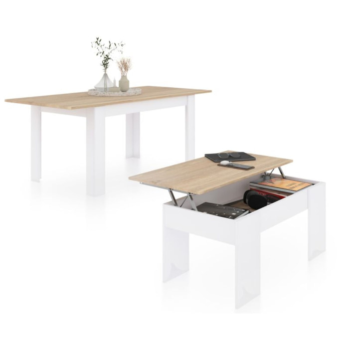 Pack mesa de comedor 123 y mesa de centro Vita Blanco Artik (Blanco Mate) - Roble Canadian