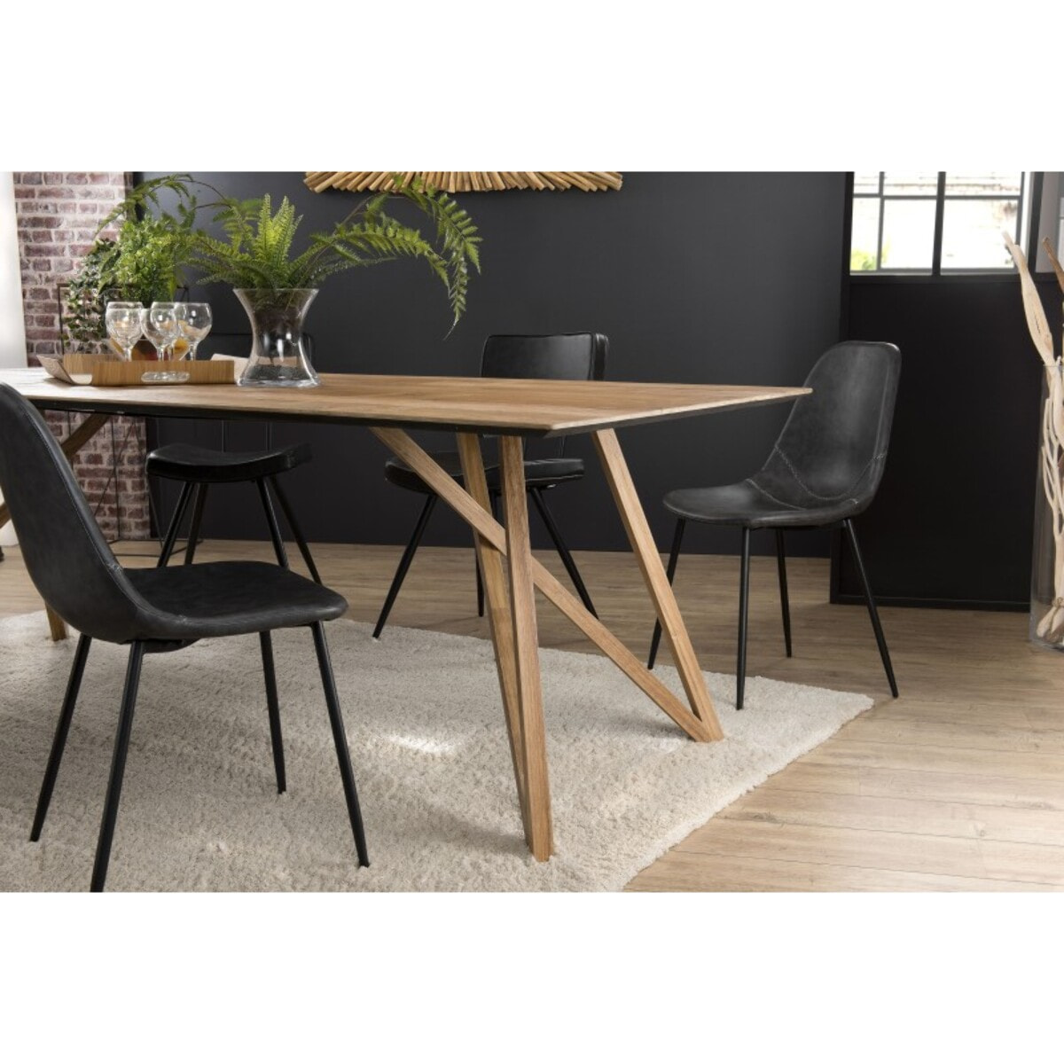 MAXENCE - Table à manger rectangulaire 220x100cm bois teck recyclé pieds croisés teck