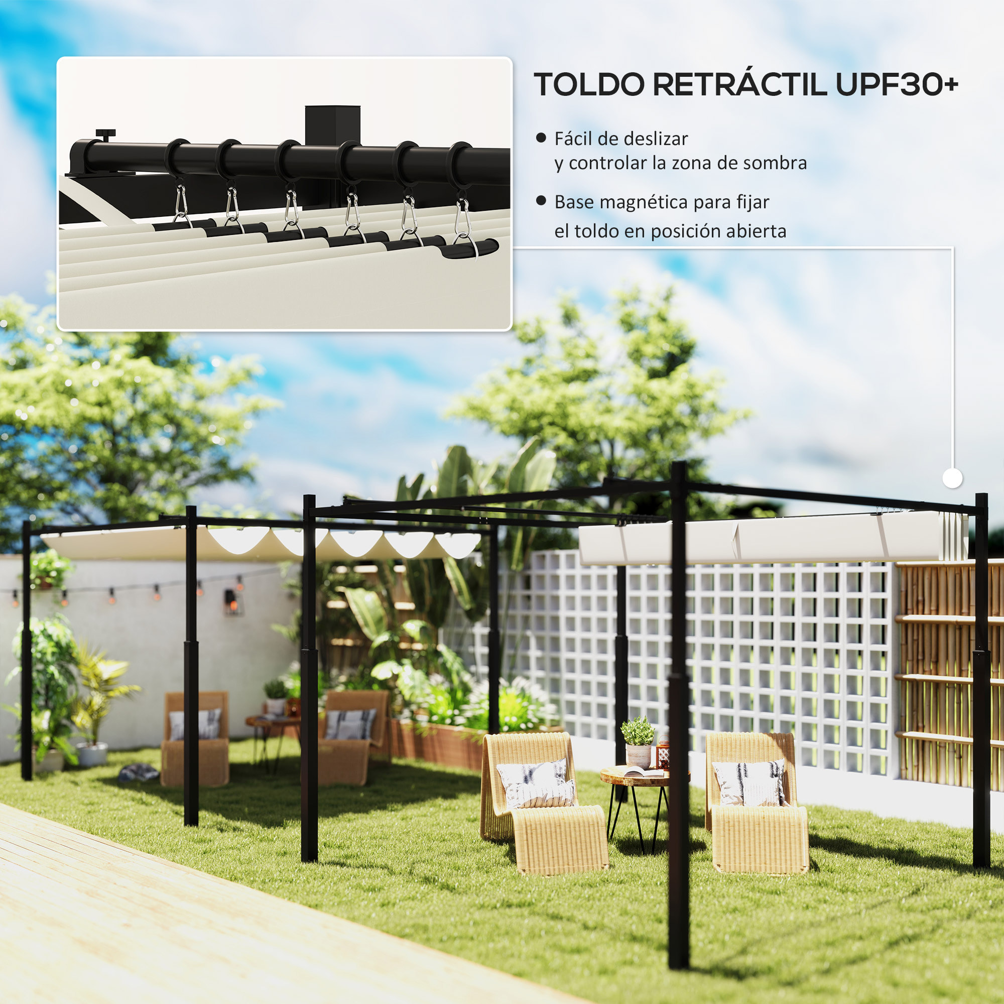 Pérgola de Jardín 3x3 m con Techo Retráctil y Accesorio Magnético, Cenador de Jardín con Protección UV30+, Columnas Metálicas y Ganchos, Pabellón para Patio, Terraza, Exterior, Blanco Crema