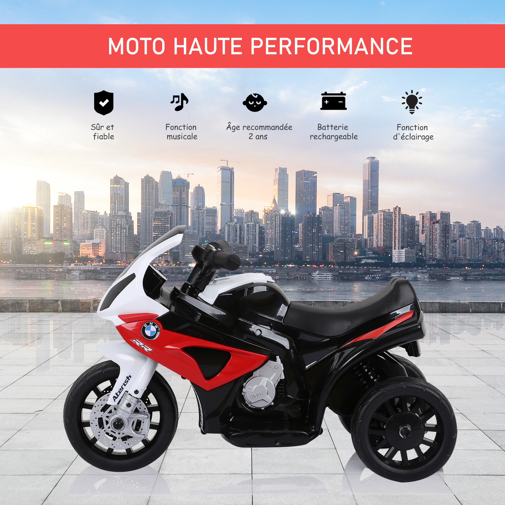 Moto électrique pour enfants 3 roues 6 V 2,5 Km/h effets lumineux et sonores rouge BMW S1000 RR