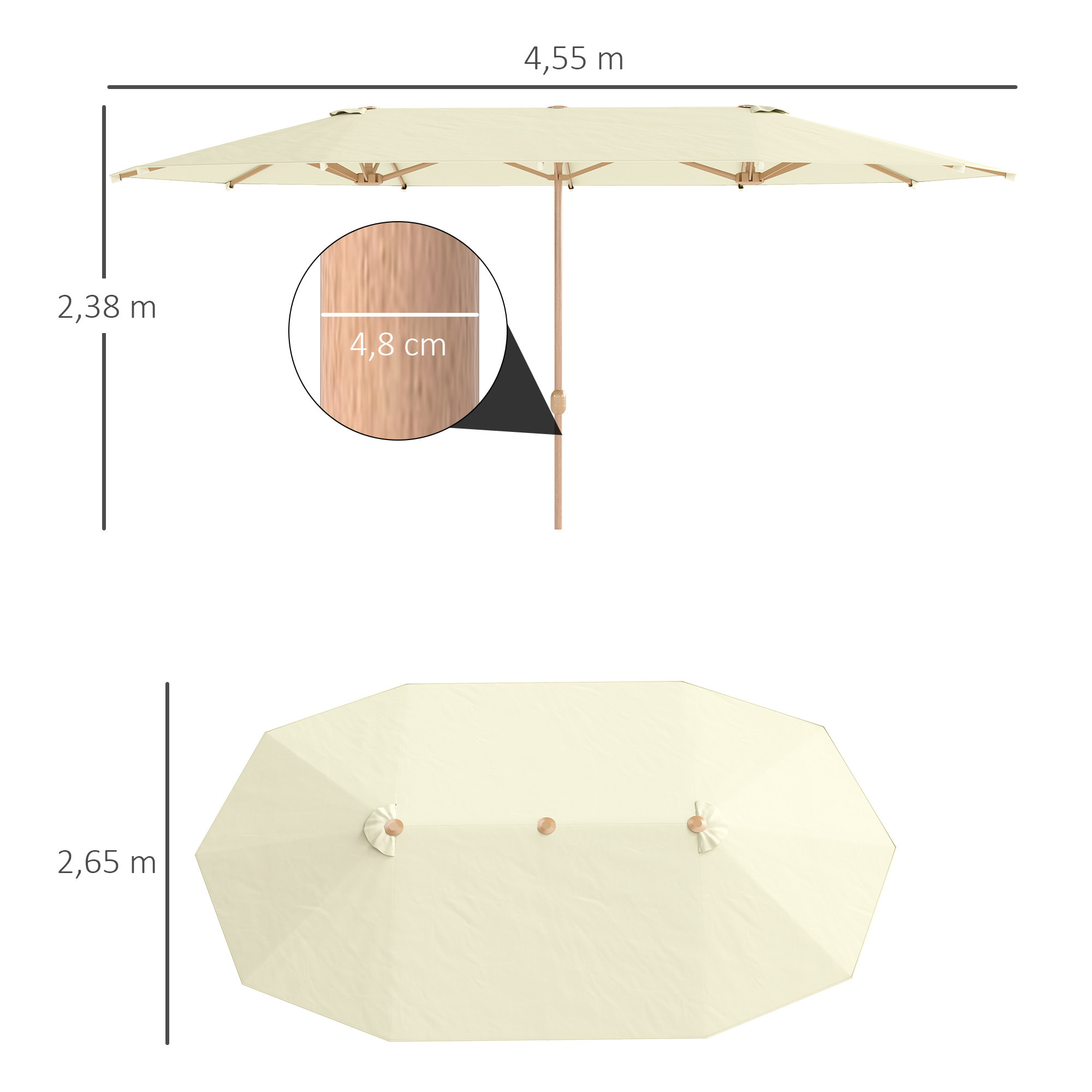 Sombrilla Doble 4,55x2,65 m Sombrilla Terraza Exterior con Manivela Manual Resistente al Agua y Protección Solar Sombrilla Grande para Terraza Playa Piscina Beige