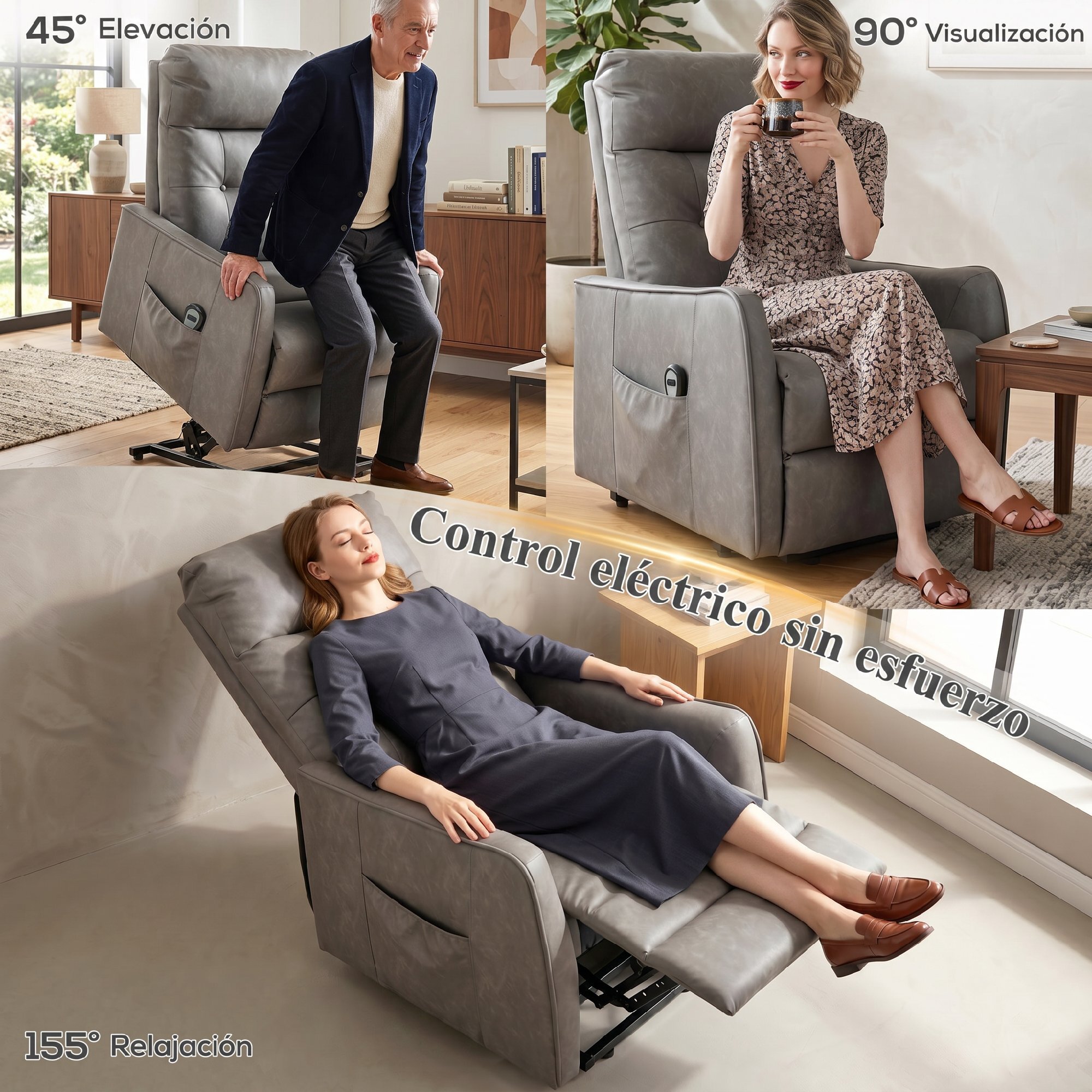 HOMCOM Sillón Relax Reclinable Eléctrico Levanta Personas, Tapizado en Cuero PU, Sillón Elevador con Control Remoto, Asiento de Muelles, Reposapiés, Respaldo Alto, Bolsillos Laterales, Gris Oscuro