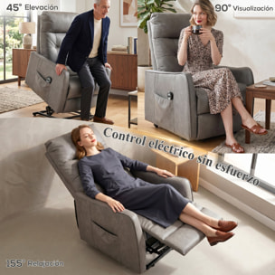 HOMCOM Sillón Relax Reclinable Eléctrico Levanta Personas, Tapizado en Cuero PU, Sillón Elevador con Control Remoto, Asiento de Muelles, Reposapiés, Respaldo Alto, Bolsillos Laterales, Gris Oscuro
