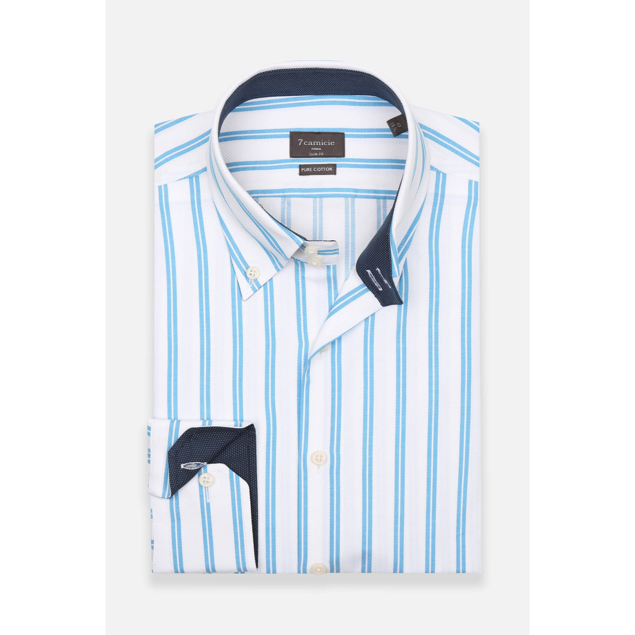 Camicia Uomo 2 Bottoni Button Down Slim Armaturato Riga Larga Bianco e Turchese