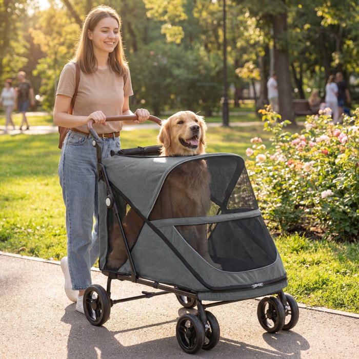 Carrito para Perros y Gatos Grande Plegable con un Botón hasta 30 kg, Cochecito para Perros Medianos y Grandes, Suspensión 4 Ruedas, Giratorio, Freno de Pie, Cojín Lavable, Gris