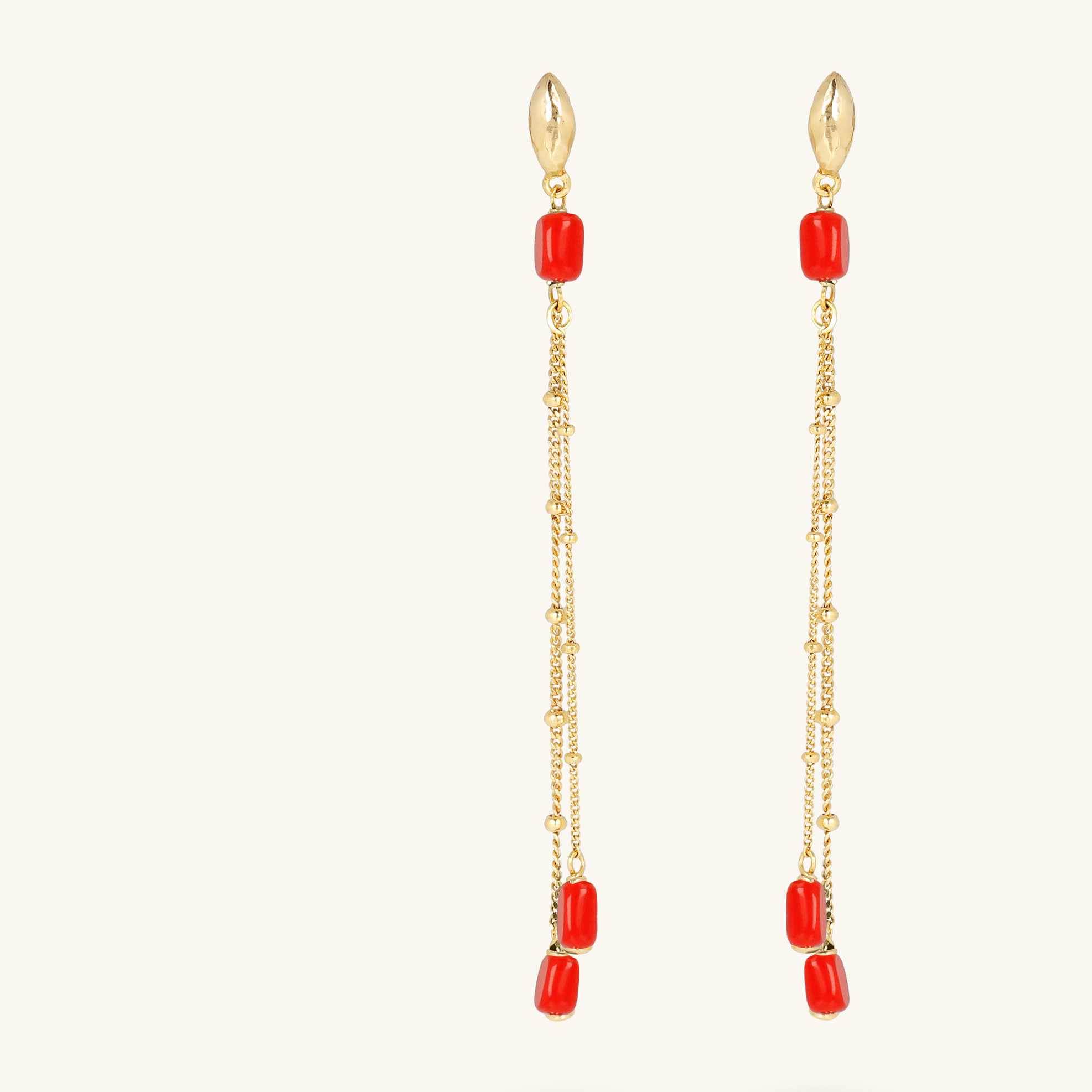 Orecchini Pendenti Multifilo in Argento 925 Placcati Oro Giallo 18kt con Pietre Naturali Corallo Bambù Rosso
