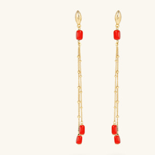Orecchini Pendenti Multifilo in Argento 925 Placcati Oro Giallo 18kt con Pietre Naturali Corallo Bambù Rosso