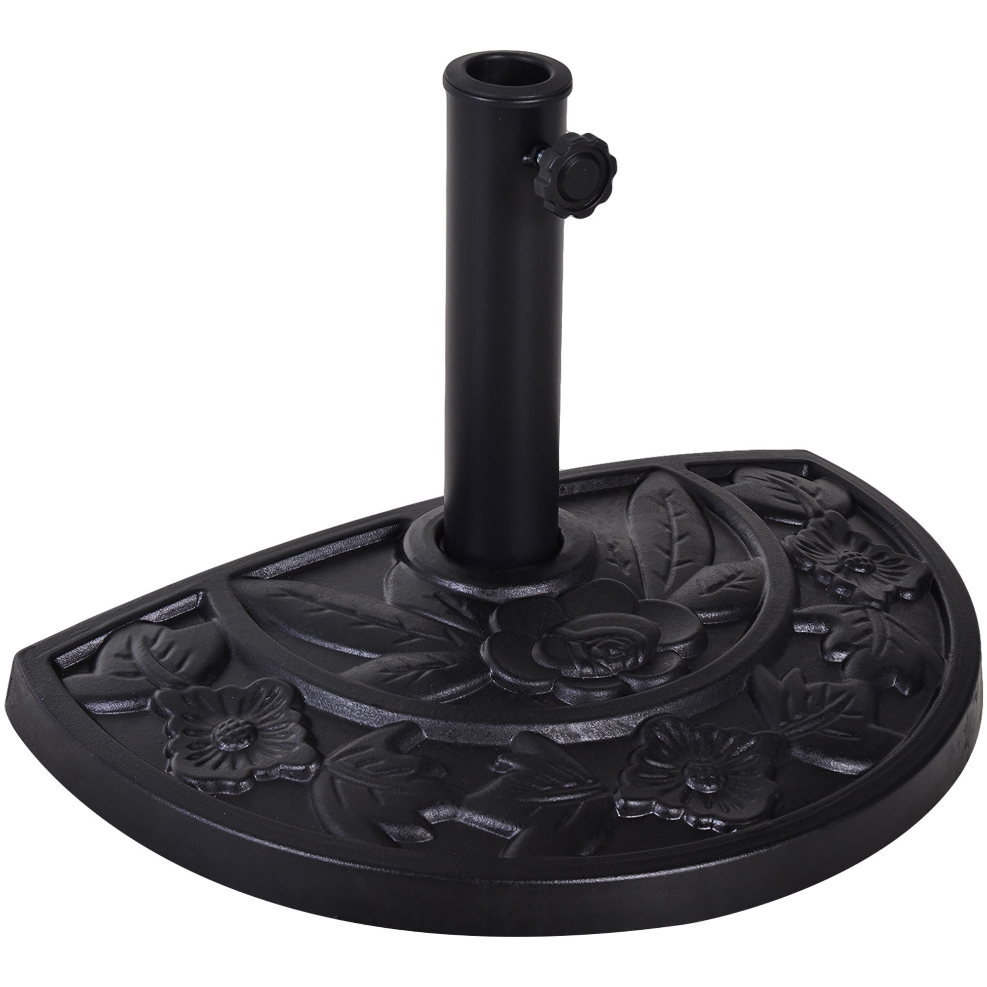 Pied de parasol base de lestage parasol demi-cercle résine imitation fonte motif fleur 50L x 31l x 32H cm noir