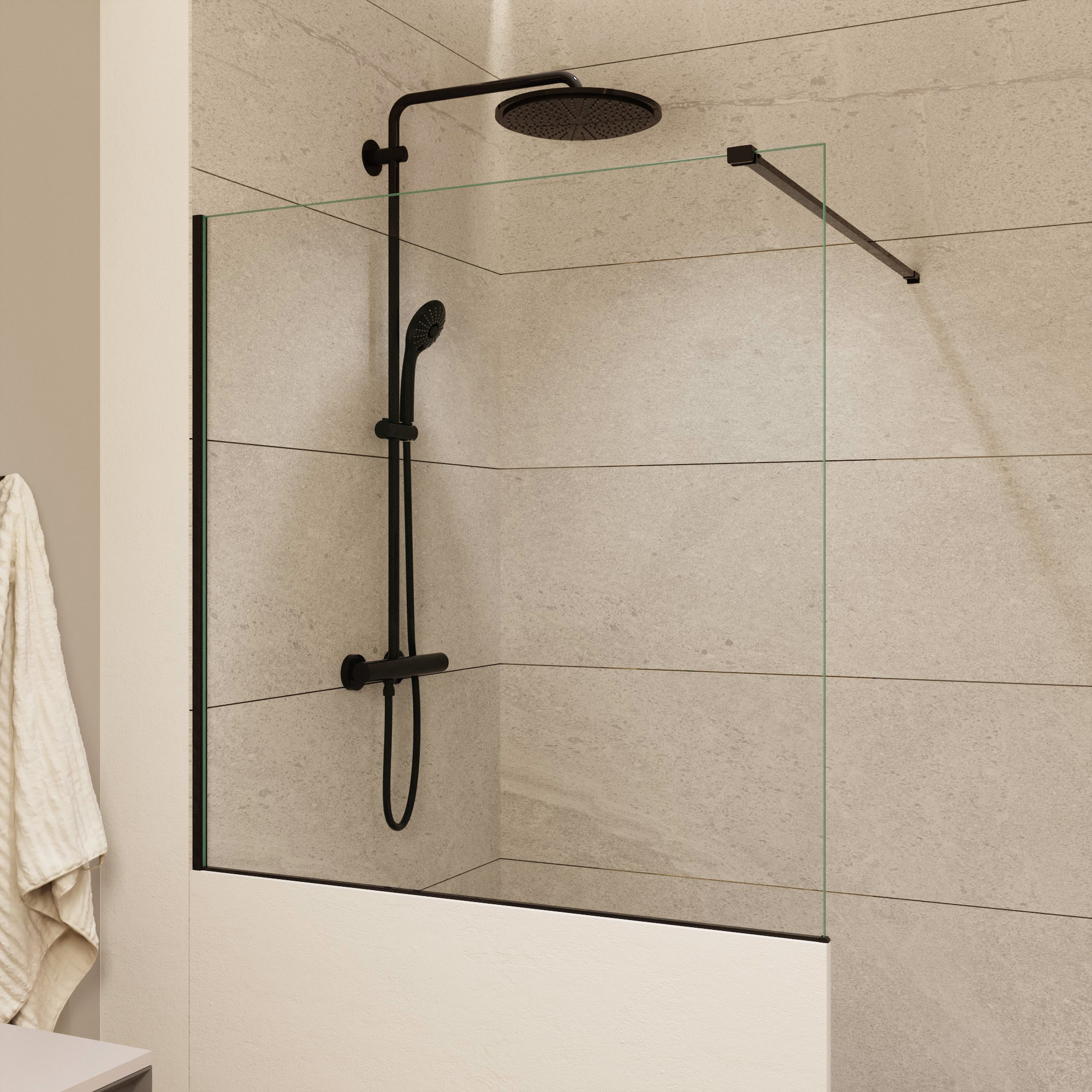 Pare-muret 100x100cm Paroi en verre Crystal Glass® 8 mm anticalcaire, avec bras et profilés noir mat (SATBWIS100PRC)