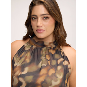 Fiorella Rubino - Blusa con stampa all over collo coreano - Marrone