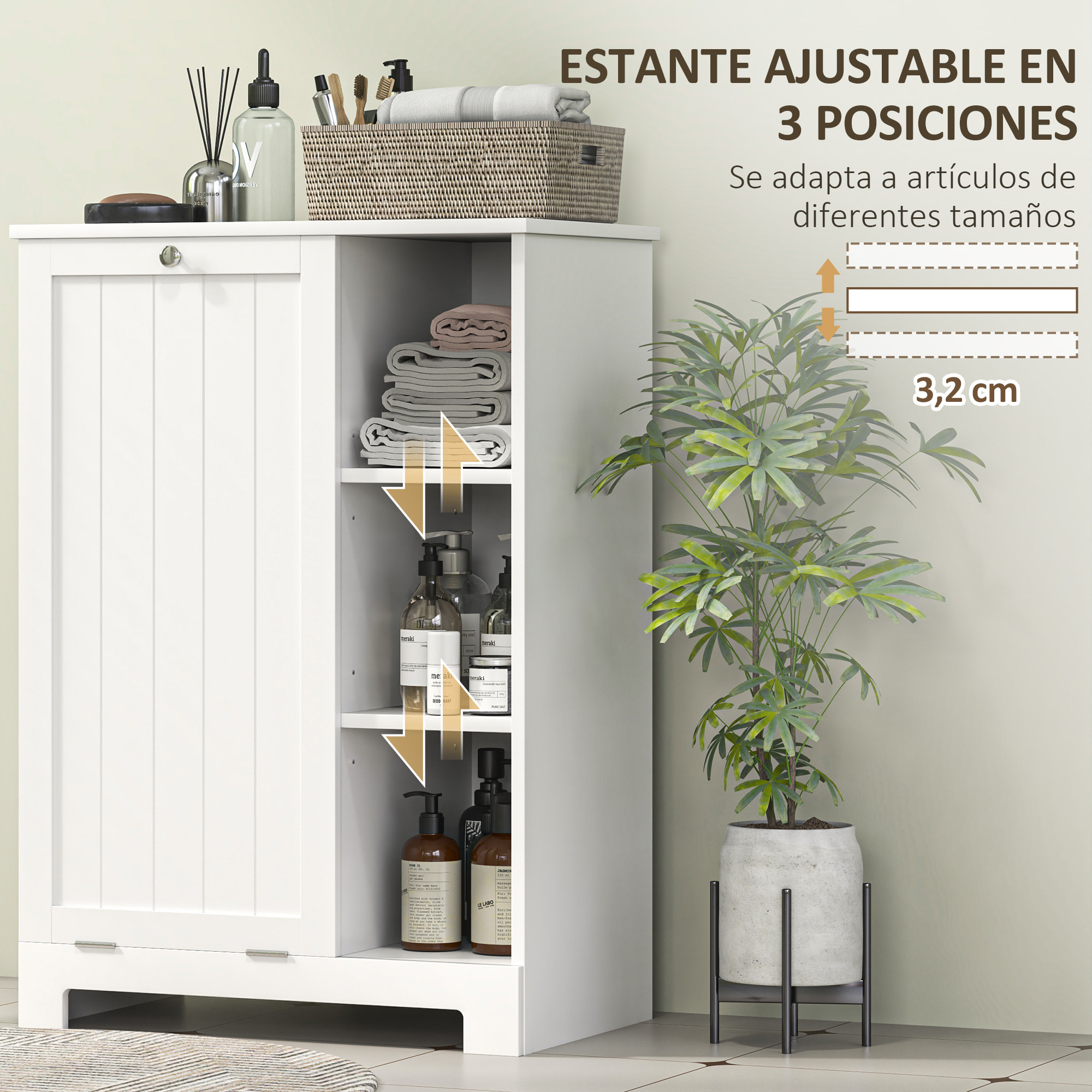 Armario de Baño con Cesto Ropa Sucia Mueble de Baño con Puerta Abatible Estantes Abiertos y Cesta Extraíble 60x38x86 cm Blanco