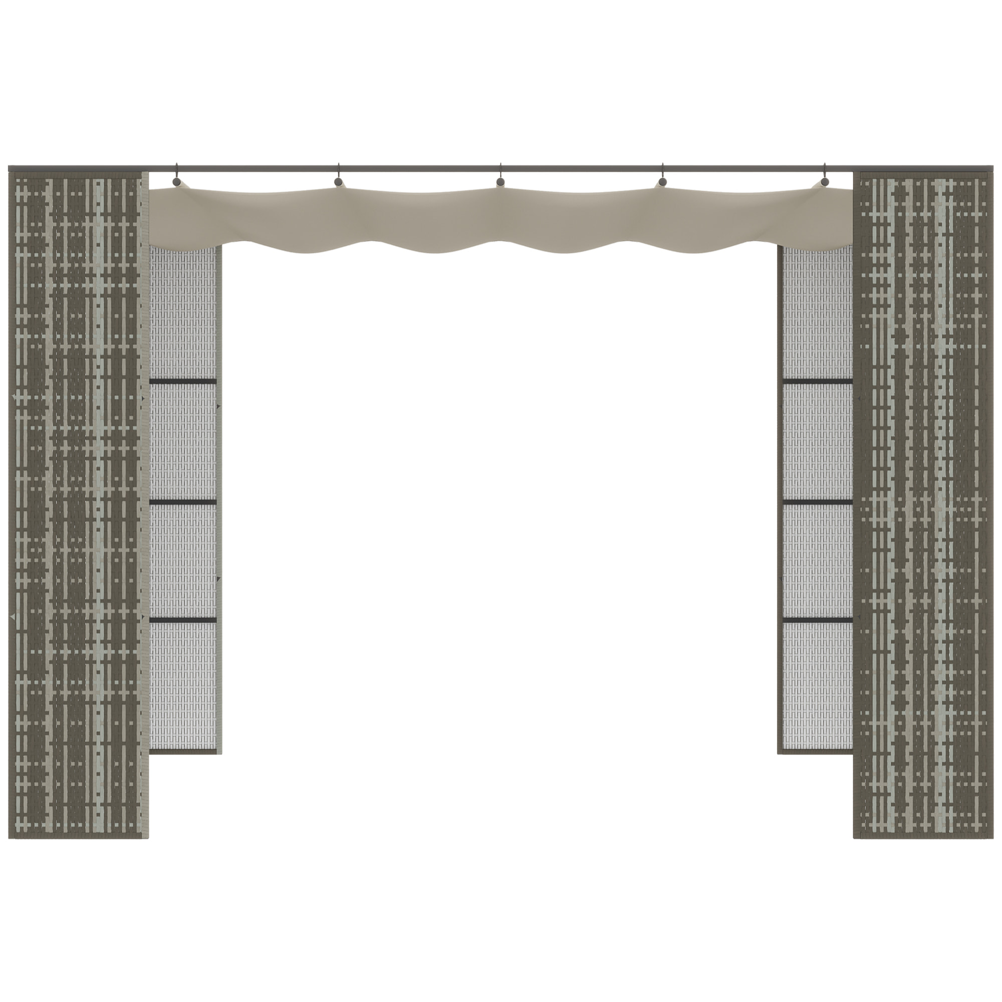 Pergola rétractable style colonial dim. 2,98L x 2,98l x 2H m métal époxy anticorrosion résine tressée grise toile polyester haute densité 180 g/m² crème