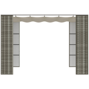 Pergola rétractable style colonial dim. 2,98L x 2,98l x 2H m métal époxy anticorrosion résine tressée grise toile polyester haute densité 180 g/m² crème