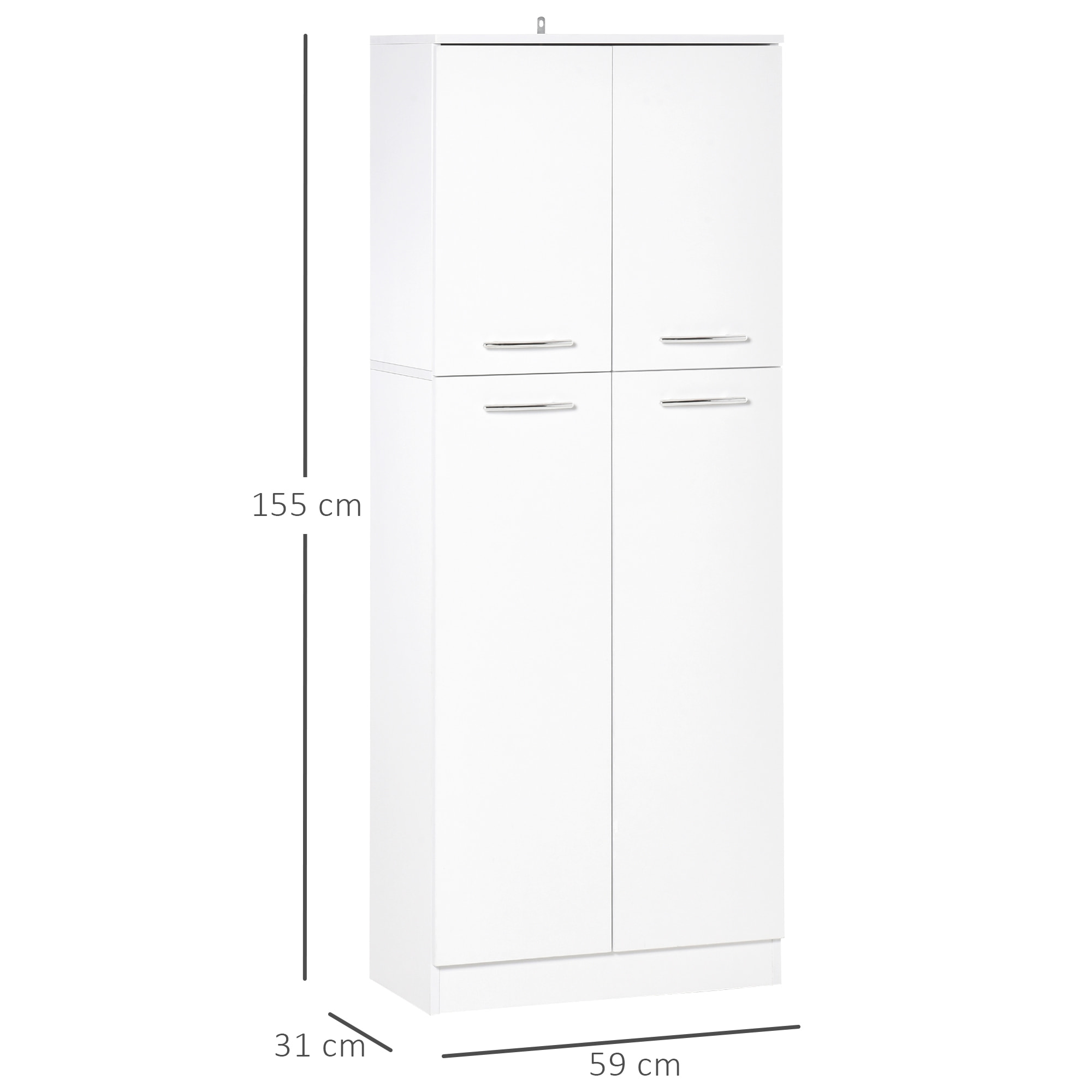 HOMCOM Armario Alto de 2 Puertas Mueble Auxiliar de Almacenaje Multifuncional con 5 Estantes y Baldas Ajustables Moderno para Salón Dormitorio Cocina 59x31x155 cm Blanco