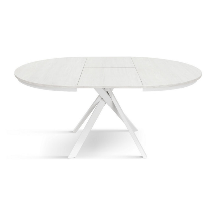 Tavolo rotondo PANTELLERIA in legno effetto bianco frassinato con gambe incrociate in metallo bianco, allungabile ⌀120 cm - ⌀170 cm