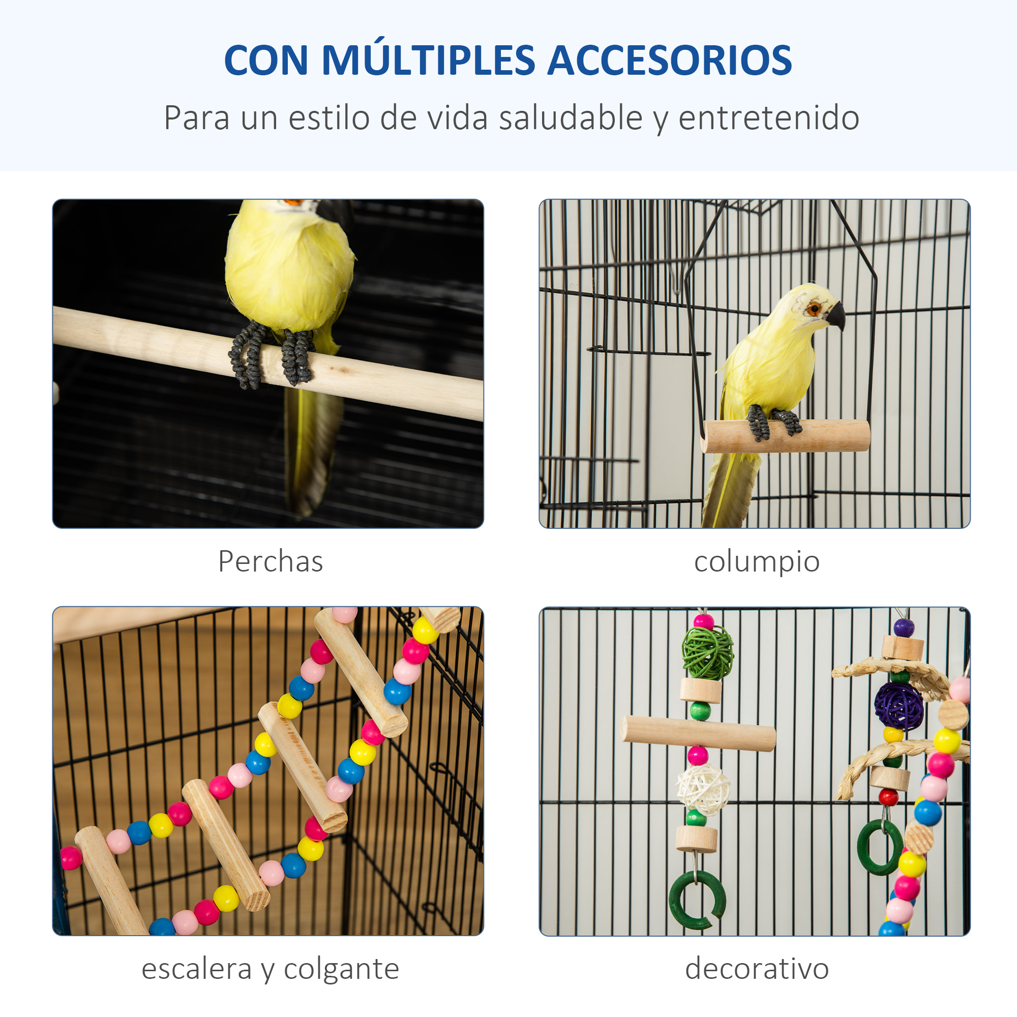 Jaula para Pájaros Pajarera de Metal con Múltiples Puertas 4 Comederos 3 Perchas Columpio Escaleras y Bandeja Extraíble para Loros Canarios Periquitos 46x36x100 cm Negro