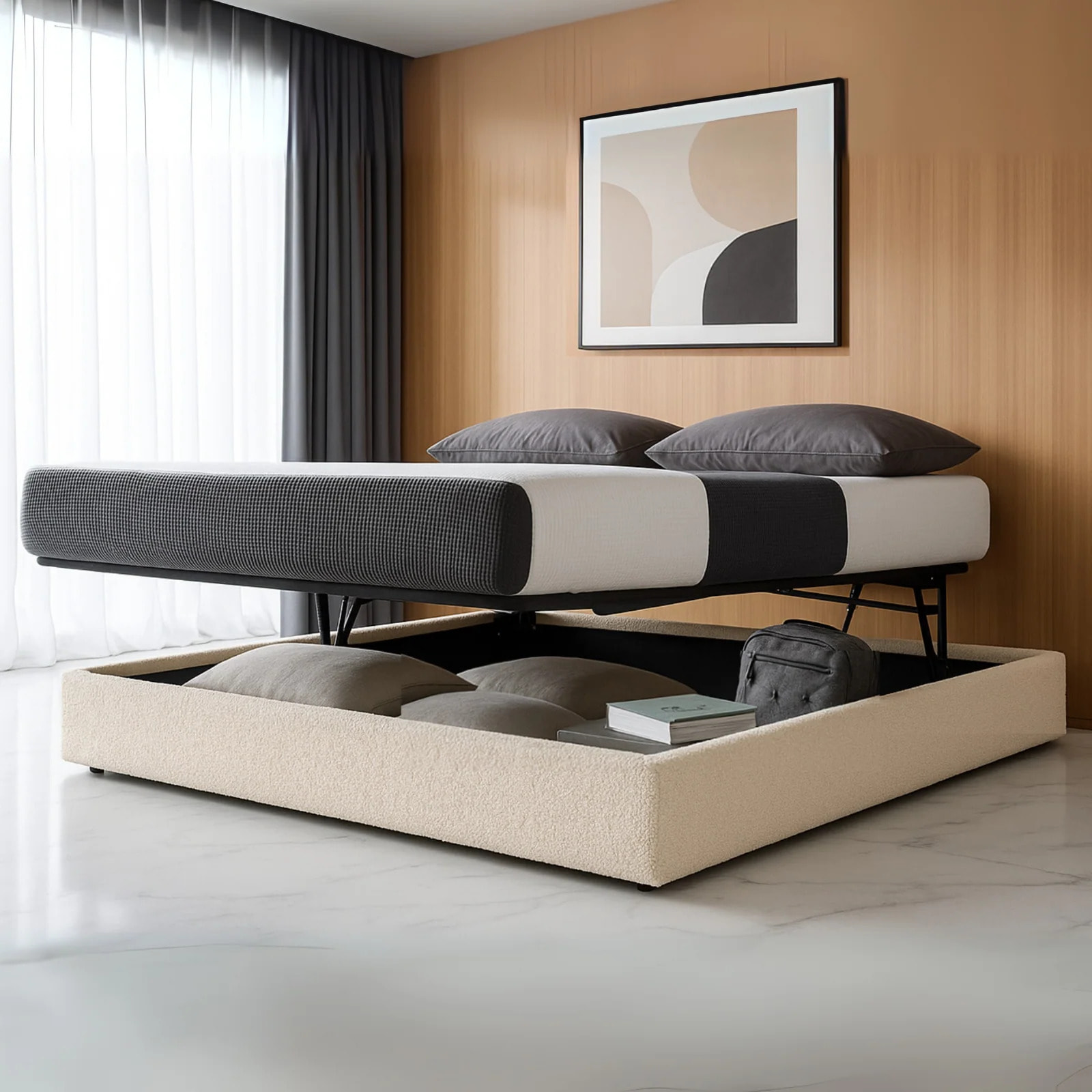 Lit coffre Parallèle | 3 Positions : Stocker, Faire Le lit, Repos | Espace de stockage jusqu'à 900 L | Bouclette | Sable