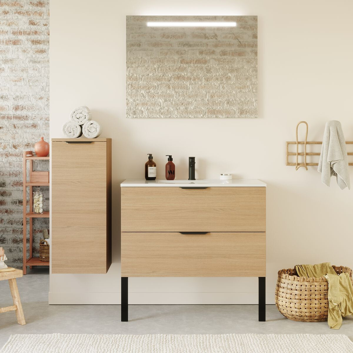 Ensemble vasque intégrée 2 tiroirs + miroir - VENICE