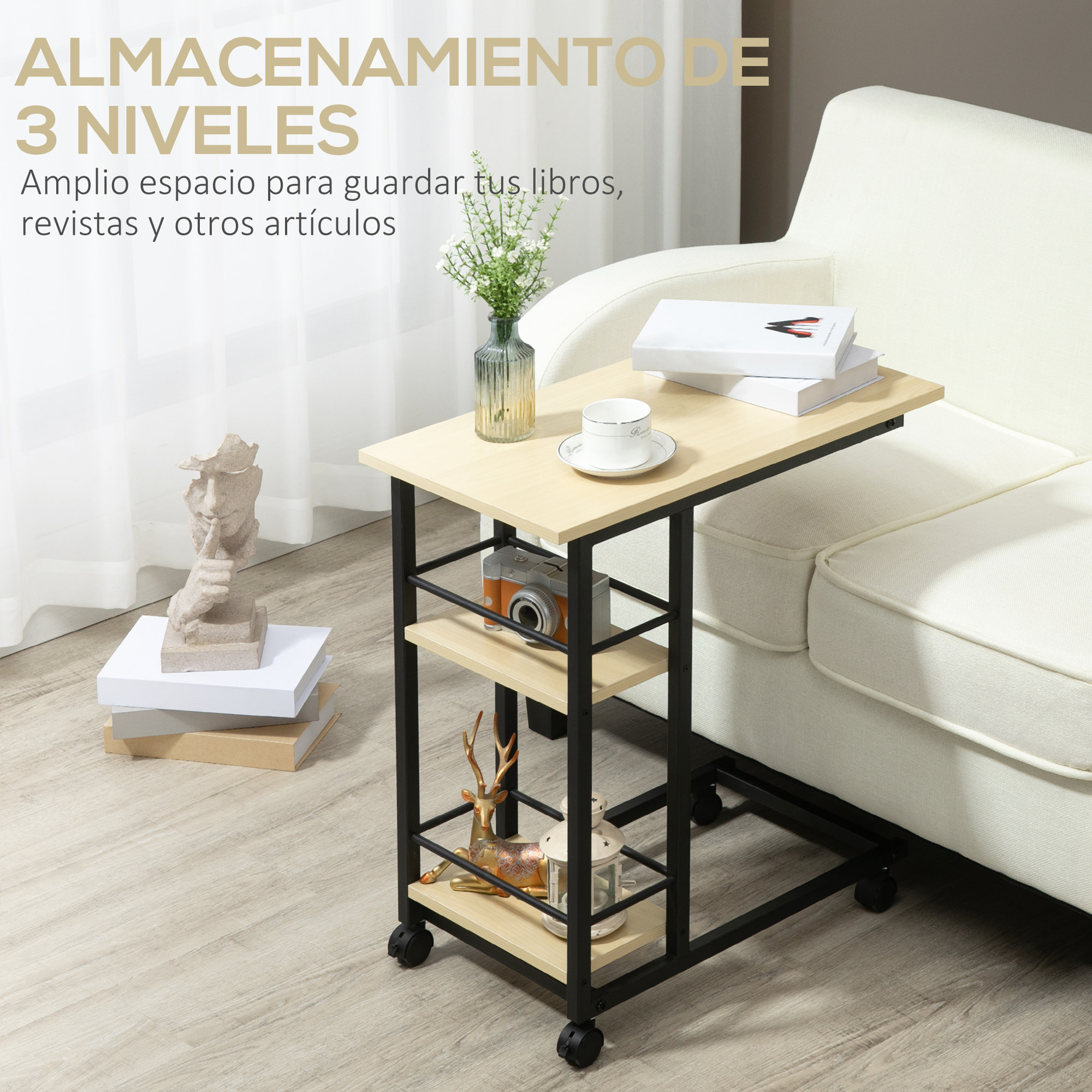 HOMCOM Mesa Auxiliar con Ruedas Mesa Lateral en Forma de C para Sofá Cama con 2 Estantes y Frenos para Dormitorio Salón Estilo Moderno 60x34,5x64,5 cm Natural